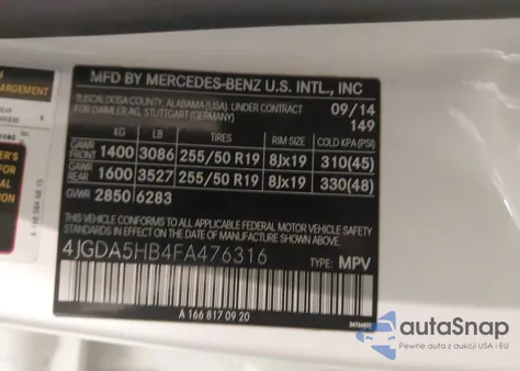 2015 Mercedes-Benz Ml 350 4Matic z USA, uszkodzony, nr VIN 4JGDA5HB4FA476316